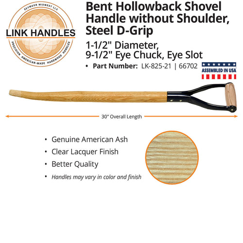 Seymour Link Handle 30 bent hollowback Shovel Handle, without shoulder, steel D-Grip, 9-1/2 chuck