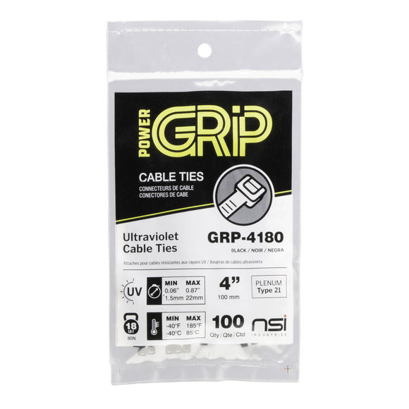 NSI PowerGRP 4”, Black General Purpose 18lb Cable Ties, 100 Pack